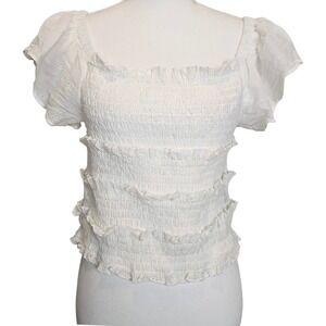 Audrey Lane Cottage Peasant White Smocked Ruffle Flutter Sleeve Top Size XL‎